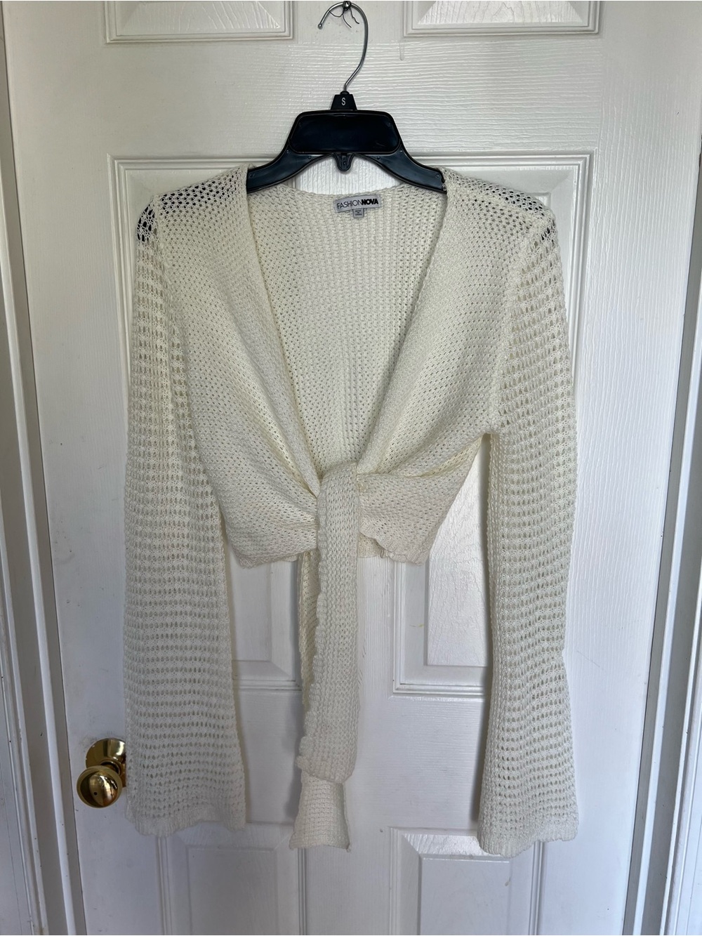 Fashion Nova Cream Open-Knit Tie-Front Shrug